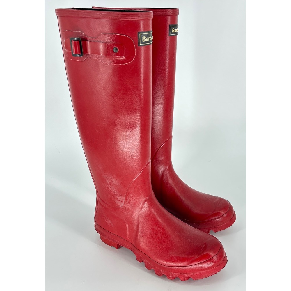 Barbour Bede Wellington Rain Boots Red Women Size 8 Waterproof Lug Sole Buckle